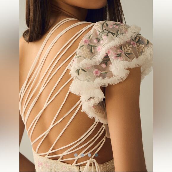 NWT Mac Duggal Cream Floral Embroidered One Shoulder Maxi Dress Sz 8 - Picture 3 of 13